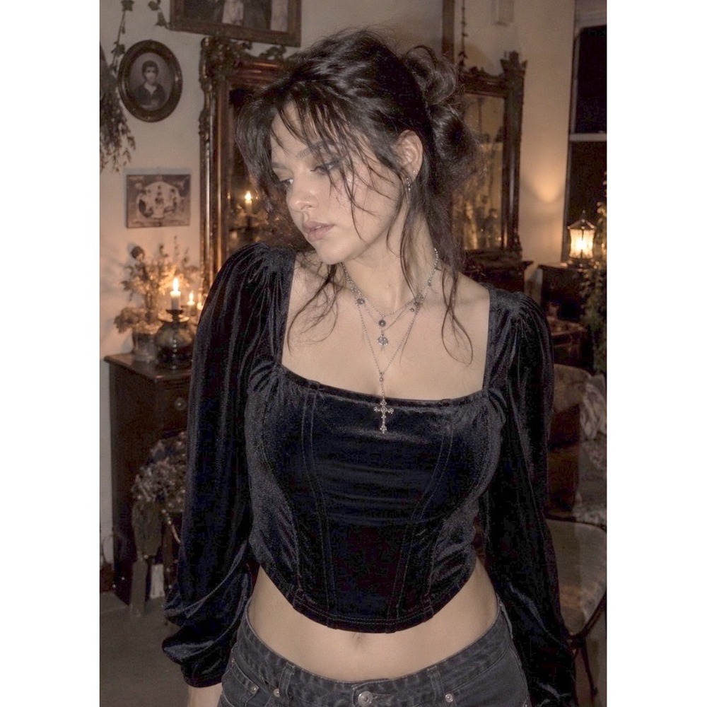 Blu Pepper‎ Black Velour Corset Puff Sleeve Goth Whimsigoth Indie Sleaze L NWT